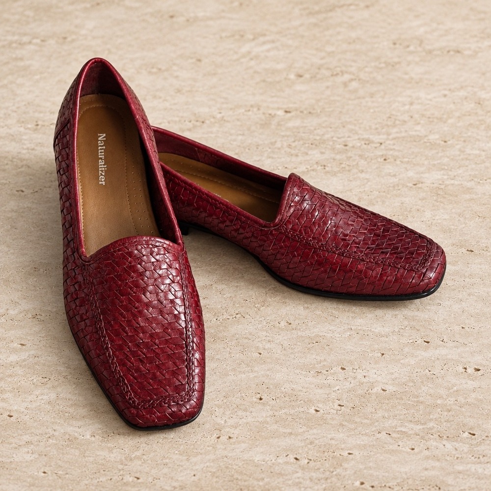 Naturalizer Woven Leather Loafers Burgundy Square Toe Flats 10M Comfort Casual